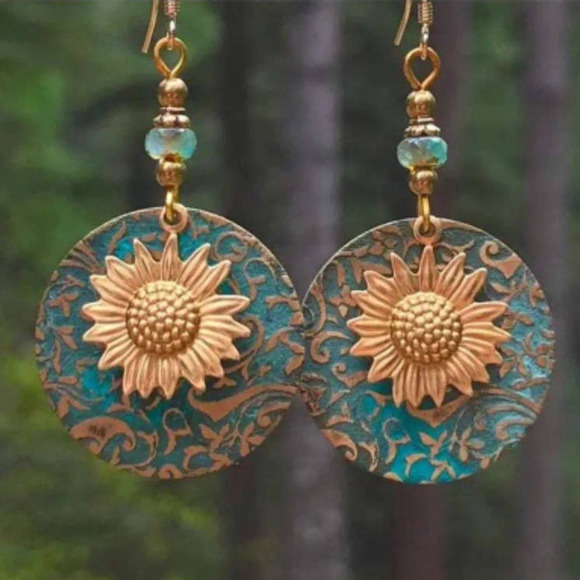 Boho Sunflower Earrings Vintage Engagement Wedding Drop Earrings - Picture 5 of 5